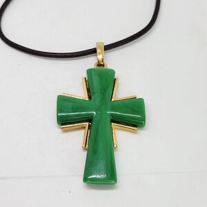 Vtg Crown Trifari Faux Jade Cross Pendant Necklace Large Gold Tone Mid-Century